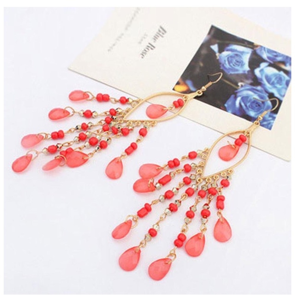 🆕 Pink Boho 📿 Beaded Teardrop Gold Earrings
